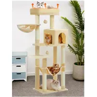 Markenlos Kratzbaum 145 cm mit selbstheizender Decke, Sisal Kletterbaum, Kratzbrett, Hängematte und Höhle, Plüschbälle, für große Katzen, Beige