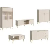 Feldmann-Wohnen Wohnzimmer-Set Rose Wohnwand Ausführung wählbar,1 Vitrine, 1 Lowboard, 1 Highboard, 1 Couchtisch, 1 Sideboard,sandbeige