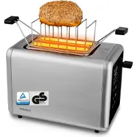 Medion Toaster 2 Scheiben mit Brötchenaufsatz (7 Bräunungsstufen, 5 Automatikprogramme, 850 Watt, Auftauen, Aufwärmen, LED Sensor Touch Display, Krümelschublade, Edelstahl Matt, MD 12102) silber