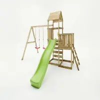 Fungoo MaxPlay, Holzklettergerüst mit zwei Spieltürmen, Doppelschaukel und Rutsche, mit Holzdach