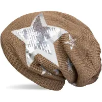 StyleBREAKER Strickmütze "Strick Beanie mit Pailletten Stern Print" 1 Stk.