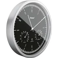 Mebus Funk-Wanduhr TinyTime, Thermo- und Hygrometer, 25 cm, Zifferblatt Schwarz, silbernes Gehäuse