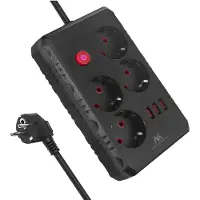 Macleans Steckdosenleiste 4-Steckdosen-Verlängerungskabel + 3xUSB 110-240V AC 50/60Hz 2,1A max 2500W 1,5m schwarz MCE392 B
