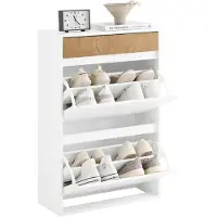 SoBuy Schuhregal - Für Eingang - Holz - 61 x 26 x 91 cm - Kompakt - Mit Schublade und Kipptüren - Skandinavisches Design - Weiß