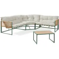 Casa.pro Loungeset 'Karg' Sofa mit Couchtisch Kissen Rattanoptik Grün / Beige