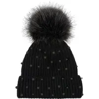 StyleBREAKER Bommelmütze "Strick Bommelmütze mit Perlen und Fleece Futter" 1 Stk.