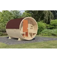 Karibu Saunahaus Außensauna Saunafass Fasssauna 2 unbehandelt ohne Ofen im Set mit 4 Paketen Rechteckschindeln dunkelrot 38mm Massivholz 224x299x229 cm