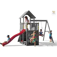 Fungoo Spielturm "Carol 3" grau mit Rutsche, Schaukel, Kletterwand, Rampe und Holzdach