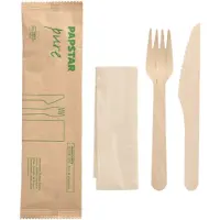 Papstar Besteckset, Holz "pure" : Messer, Gabel, Serviette in Papierbeutel