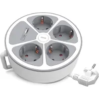 Plastrol Runde Steckdosenleiste 4x Schuko-Steckdosen 2m USB-A & USB-C mit Schalter