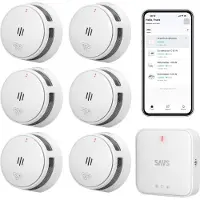 SAVS LinkSmart Intelligenter Rauchmelder-Bundle - 6 S10-W Rauchmelder und G10 Basisstation - Funktioniert über App - WiFi-Gateway - Drahtlos RF koppel