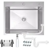 ANW Home Küchenspüle 60x50 cm Edelstahl 304 Silber Topmount Einbauspüle 1 Becken 22 cm mit Siphon Seifenspender Abtropfkorb Edelstahlspüle
