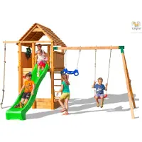 Fungoo , Spielturm "Fortress Move+", teak, mit Rutsche, Kletterwand, Leiter, Holzdach und Doppelschaukel