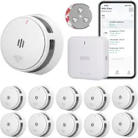SAVS LinkSmart Intelligenter Rauchmelder-Bundle ohne Bohren - 10 S10-W Rauchmelder und G10 Basisstation - Magnetbefestigung - Funktioniert über App
