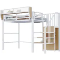 Xkiss Hochbett(Weiß)mit Sicherheitsleiter und flexiblem Staufach, Metallbett Erwachsenenbett Kinder-Etagenbett