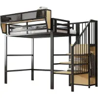 XTEILC Hochbett(Schwarz)mit Sicherheitsleiter und flexiblem Staufach, Metallbett Erwachsenenbett Kinder-Etagenbett