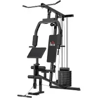 vidaXL Sunvello Kraftstation für Zuhause Fitnessstation mit Latzuggerät, Kabelzug, kurzer Bizepsstange, Brustpresse, Beintrainer, Butterfly-Maschine 45kg Gewichten Multifunktion Fitnessstation Schwarz
