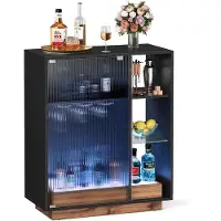 Vasagle Weinschrank mit Beleuchtung und Weinglashalter geriffelte Glastür ebenholzschwarz BBK361B21