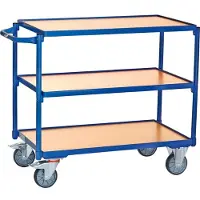Fetra Tischwagen, leicht, 3 Etagen, L 850 x B 500 mm, bis 300 kg, Stahl/Holz, blau/buche