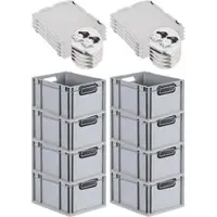 Proregal SuperSparSet 8x Eurobox NextGen Color mit Scharnierdeckel & Verschlüssen, HxBxT 22x30x40cm, 20L, Grau, Griffe schwarz offen, Eurobehälter