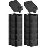 Proregal SuperSparSet 10x Eurobox NextGen Grip mit Scharnierdeckel & schwarzen Verschlüssen, HxBxT 32x40x60cm, 65L, Schwarz, Griffe offen, Box