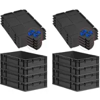 Proregal SuperSparSet 8x Eurobox NextGen Grip mit Auflagedeckel & 4 blauen Verschlüssen, HxBxT 12x40x60cm, 23L, Schwarz, Griffe zu, Eurobehälter