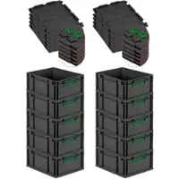 Proregal SuperSparSet 10x Eurobox Nextgen Color Mit Scharnierdeckel HxBxT 17x30x40cm 16 Liter Schwarz Griffe Grün Geschlossen Eurobehälter