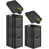 Proregal SuperSparSet 5x Eurobox NextGen Color mit Scharnierdeckel & Verschlüssen, HxBxT 32x30x40cm, 30L, Schwarz, Griffe gelb offen, Eurobehälter