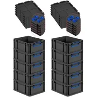 Proregal SuperSparSet 10x Eurobox NextGen Color mit Auflagedeckel & Verschlüsse, HxBxT 17x30x40cm, 16L, Schwarz, Griffe blau zu, Eurobehälter