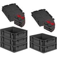 Proregal SuperSparSet 5x Eurobox Nextgen Grip Mit Scharnierdeckel Und Roten Verschlüssen HxBxT 12x30x40cm 11 Liter Schwarz Griffe Geschlossen