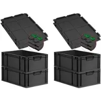 Proregal SuperSparSet 4x Eurobox NextGen Grip mit Scharnierdeckel & grünen Verschlüssen, HxBxT 22x40x60cm, 44L, Schwarz, Griffe zu, Eurobehälter