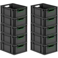 Proregal SuperSparSet 10x Eurobox NextGen Color, HxBxT 17x30x40cm, 16 Liter, Griffe grün offen, Schwarz, Eurobehälter, Transportbehälter