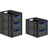 Proregal SparSet 5x Eurobox NextGen Color, HxBxT 17x30x40cm, 16 Liter, Griffe blau offen, Schwarz, Eurobehälter, Transportbehälter