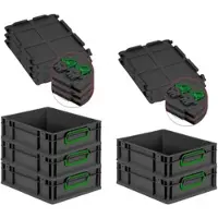Proregal SuperSparSet 5x Eurobox NextGen Color mit Scharnierdeckel & Verschlüssen, HxBxT 12x30x40cm, 11L, Schwarz, Griffe grün zu, Eurobehälter