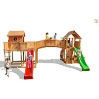 Fungoo , Spielturm "Maxi Set Joyful Castle My Space XL Fortress Toybox Rainbow", teak, mit 2x Rutschen, 2x Spieltürmen, Verbindungsbrücke, Leiter, Kletterseil und Kletterwand