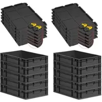 Proregal SuperSparSet 10x Eurobox NextGen Grip mit Scharnierdeckel & gelben Verschlüssen, HxBxT 12x40x60cm, 23L, Schwarz, Griffe zu, Eurobehälter