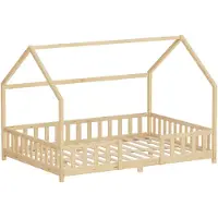 ML-Design Kinderbett 140x200cm mit Rausfallschutz, Dach & Lattenrost Natur Montessori Bodenbett aus massivem Kiefernholz Hausbett für Mädchen & Jungen