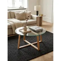 KADIMA DESIGN Couchtisch 78x78x41 cm Sofatisch Eiche Massivholz / Glas Rund, Design Wohnzimmertisch Modern, Holztisch Stubentisch Groß, Kaffeetisch Tisch Wohnzimmer Echtholz