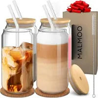 Malmoo 4er Set Glas mit Deckel und Strohhalm, 500 ml Trinkgläser mit Deckel, Dosenförmige Glasbecher, Geeignet für Eiskaffeetassen und Limonaden