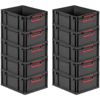 Proregal SuperSparSet 10x Eurobox NextGen Color, HxBxT 17x30x40cm, 16 Liter, Griffe rot zu, Schwarz, Eurobehälter, Transportbehälter