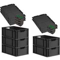 Proregal SuperSparSet 5x Eurobox Nextgen Grip Mit Scharnierdeckel Und Grünen Verschlüssen HxBxT 22x40x60cm 44 Liter Schwarz Griffe Offen