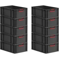 Proregal SparSet 10x Eurobox NextGen Color, HxBxT 22x40x60cm, 44 Liter, Griffe rot zu, Schwarz, Eurobehälter, Transportbehälter
