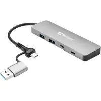 Sandberg USB-C/A to 2xUSB-A+2xUSB-C Hub, USB 3.2 Gen 1 (3.1 Gen 1) Type-A + Type-C, USB 3.2 Gen 1 (3.1 Gen 1) Type-A, USB 3.2 Gen 1 (3.1 Gen 1) Type-C, 5000 Mbit/s, Aluminium, Aluminium, 0,15 m