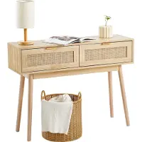 Vevor Rattan-Konsolentisch mit 2 Schubladen, Rattan-Eingangstisch mit natürlicher Rattan-Schiebetür, Konsolen-Sofatisch für Wohnzimmer, Arbeitszimmer, Eingangsbereich oder Fernsehwand, Natur