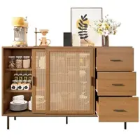 OKWISH Sideboard 140x37x91 Kommode Landhaus Anrichte Aufbewahrung mit 2 Schiebetüren Rattan 3 Schubladen Stauraum robust natur