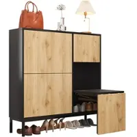 STILVORA Schuhschrank 100x25x100 mit Schuhwechselhocker, großer Kapazität, Doppelregalen, Wellenmuster in Schwarz und Holzfarbe, praktische Aufbewahrungslösung