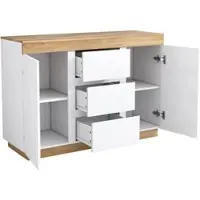 MODFU Kommode 120x40x82 mit 3 Schubladen & 2 Türen, Sideboard Schrank Stauraum, E1 Spanplatte Möbel für Schlafzimmer Wohnzimmer, Weiß Eiche
