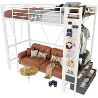 STILVORA Hochbett 90x200 cm, stabiler Eisenrahmen, mit Trockenstab, 4 Schubladen, USB+TYPE-C Steckdose, LED-Beleuchtung, Weiß