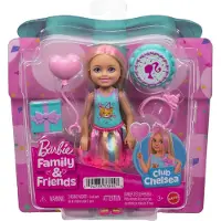 Barbie Chelsea Club , kleine Puppe mit Geburtstagsthema, mit blonden Haaren und pinken Strähnen, Party-Zubehörteile, Mini-Puppe, Weiblich, 3 Jahr(e), Junge/Mädchen, 139 mm, Mehrfarbig