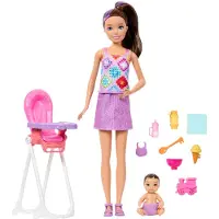 Barbie Skipper Babysitters Inc. Spielset mit Skipper-Puppe, Kleinkind-Puppe, Hochstuhl und 8 Zubehörteilen, Modepuppe, Weiblich, 3 Jahr(e), Junge/Mädchen, 275 mm, Mehrfarbig